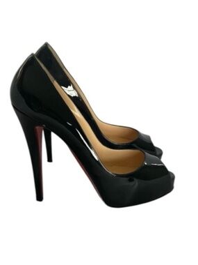 CHRISTIAN LOUBOUTIN Black Very Prive Patent Leather Stiletto Peep Toe Heels 38